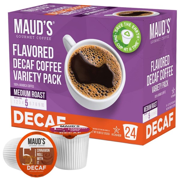 Maud's Flavored Decaf Coffee Sampler Variety Pack (6 Flavors) 24ct. Solar Energy Produced Recyclable Single Serve Sample Pack Decaf Coffee Pods, 100% Arabica Coffee California Roasted, KCup Compatible