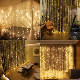 IMAGE Curtain String Lights 6mx3m Mains Powered 600LED Fairy Curtain Light with 8 Modes Waterproof Warm White String Fairy Lights for Christmas Wedding Party Home Bedroom Lighting Decoration