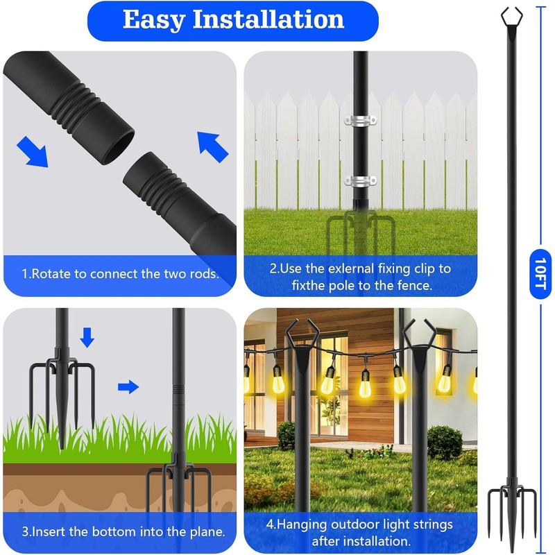 SINLEY 4 Pack String Light Poles,10 Ft Metal Poles with