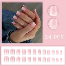 24PCS Blush Powder Gradient press on Nails Short Square Fake Nails with Natural Glitter Design False Nails Full Cover Gradient White French Glossy Acrylic Glue on Nails for Women Manicure Decoration