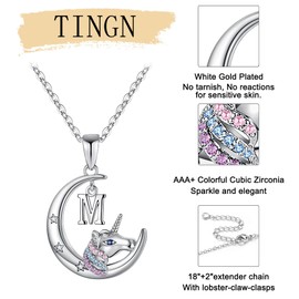 TINGN Christmas Unicorn Gifts for Girls, 14K White Gold Plated Unicorn Chain Crescent Moon Necklace Girls Colourful CZ Unicorn Letter Chain Unicorn Jewellery Unicorn Gifts for Girls Children, Brass