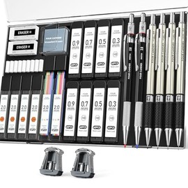 Four Candies Set de Portaminas 27 Pzs con Estuche, 0.3, 0.5, 0.7, 0.9 mm y 2 de 2.0 mm (HB, 2H, 2B, 4B + color), 552 Minas de Repuesto, Kit de Dibujo 