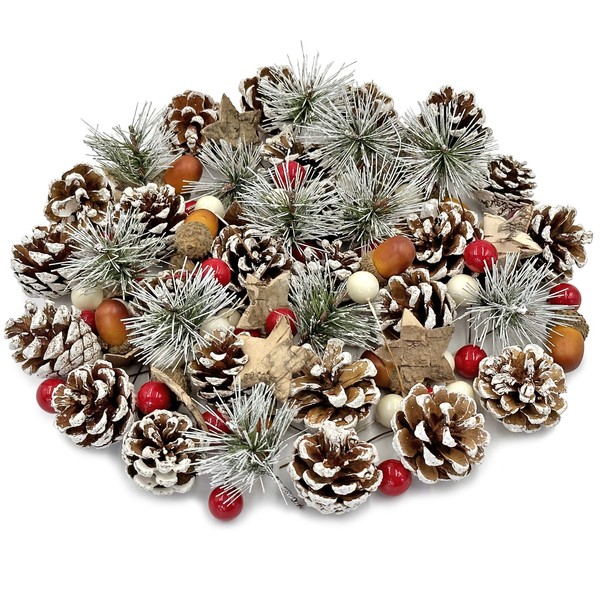 Pextian 108pcs Artificial Pine Cone Berry Set, Christmas Wreath Making Supplies, Snowy Pinecones White Berries Wreath Making Kit for Wreath, Garland, Craft, Winter DIY Christmas Decorations
