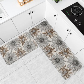 Brown Grey Gray Kitchen Rugs for Floor Set of 2 Retro Sunflower Abstract Flowers Boho Modern Art Floral Kitchen Mats Non Slip Washable Holiday Farmhouse Decorative Runner Mats, 17"x30"+17"x47"