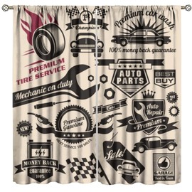Vintage Car Curtains, 1950s License Plate Garage Badge Repair Tools Racing Flag Noise Reduction Insulation Curtains for Boys Bedroom Kitchen 42" W X 45" L