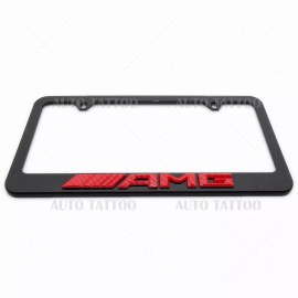 AutoTattoo 1x Mercedes Red AMG 3D Black License Plate Frame Cover Decorate + Screw Caps