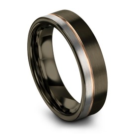 Midnight Rose Collection Tungsten Wedding Band Ring 6mm for Men Women 18k Rose Gold Grey Plated Flat Cut Gunmetal Brushed Polished Size 11