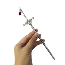 Palillos de pelo estilo antiguo con espada, estilo chino, para moño con gema roja, accesorios para el cabello largo para mujeres y niñas, rubí plateado