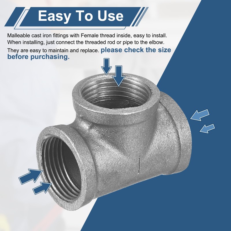 sourcing map 1 1/4"(32mm) Tee Pipe Fitting, Malleable Cast Iron