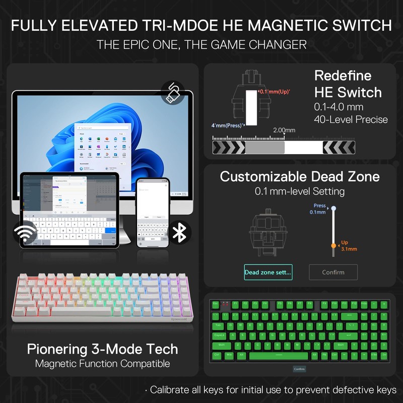 Redragon K736 PRO Rapid Trigger Wireless Gaming Keyboard, 90% 94