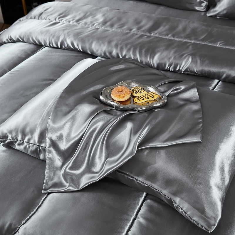 Bedding_Dreamer Silk Like Grey Comforter Set with Sheet Sets Queen