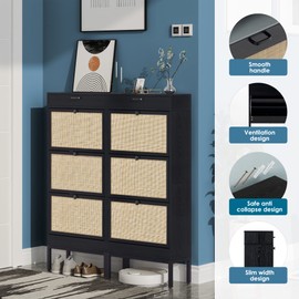 Brafab Freestanding Shoe Cabinet with 3 Flip Drawers, 2 Layer Shoe Shelf, Natural Rattan Shoe Storage Organizer, Slim Shoe Storage for Entryway, Hallway, Living Room, Oak