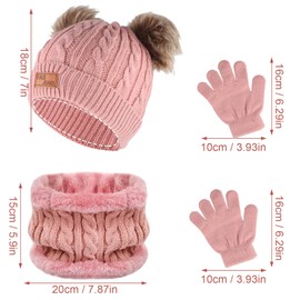 Chstarina Pack of 3 Hat Scarf Gloves Set Children, Beanie Hat Gloves Round Scarf Set with Fleece Lined, Warm Winter Knitted Set Hat Scarf and Gloves for Boys, Girls 1-6 Years, pink