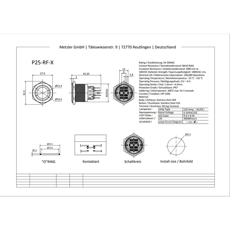 Metzler - Pressure Switch 25mm - LED Ring Lighting Blue