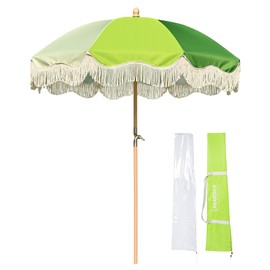 LAGarden 6Ft Fringe Patio Umbrella with Tassels & Carry Bag 50 / 60s Vintage Style Umbrella Wood Green,Model: PS6-04