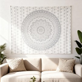FURNISHFUL FINESSE Small Mandala Tapestry Indian Aesthetic Wall Tapestries for Bedroom Psychedelic Ombre Wall Decor Boho Bohemian Wall Art & Home Dorm Decorative - White Silver - 30x40 Inches