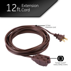 GE 3 Power Strip, 12 Ft Extension Cord, 2 Prong, 16 Gauge, Twist-to-Close Safety Outlet Covers, Indoor Rated, Perfect for Home, Office or Kitchen, UL Listed, Brown, 51952, 12 ft, 12 Ft