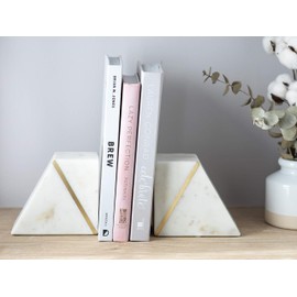 Cork & Mill Marble Bookends - Set of 2 Heavy Decorative Book Stoppers with Non-Skid Bottom - Handcrafted Solid Marble Bookshelf Decor (White + Brass)