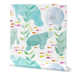 Commercial Grade Wallpaper Swatch - Manatees Small Scale Turquoise Baby Nursery Florida Manatee Ocean Traditional Wallpaper by Spoonflower