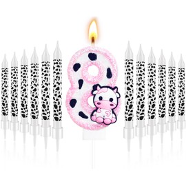 13 Pcs Cow Themed Birthday Candles - 0 to 9 Pink Cow Number Candle & Cow Print Candles, Cowgirl Theme Candle for Girls Birthday Party Decor, Holy Cow Im One Birthday Decorations (Number 8)