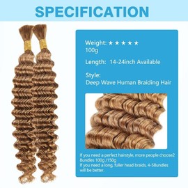 Boho Braids Blonde Human Hair Extensions - Deep Water Wave, 27 Curly, 18 Inch, 100g, No Weft, 2 Braids Per Pack, Wet and Wavy