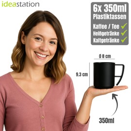 idea-station Plastic Camping Cups Set of 6 x 350 ml - Matte Black - Shatterproof Plastic Coffee Cups - Ideal Plastic Cups with Handle for on the Go