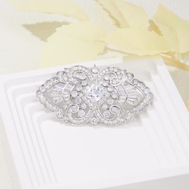 QUKE Brooches and Pins for Women, Silver Plated Cubic Zirconia Crystal Brooch Corsage for Bridal Wedding Jewelry
