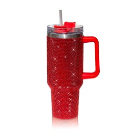 Cuteolivia - Vaso de 40 onzas con asa con tachuelas con tapa y popote aislado de acero inoxidable de doble pared, taza de agua de viaje para mujeres (40 onzas, 1200 ml, rojo)