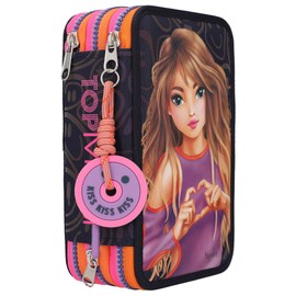 Depesche 12597 TOPModel Night Light Filled 3-Compartment Pencil Case with Model Motif, Dark Blue Pencil Case with Colouring Pencils, Ruler, Scissors and Much More, Multicoloured