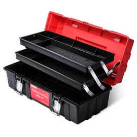 DNA MOTORING 3-Layer Lockable Tool Box Plastic Portable Storage Folding Toolbox Tray Divider Tool Organizers, W/Handle, Red/Black, TOOLS-00504