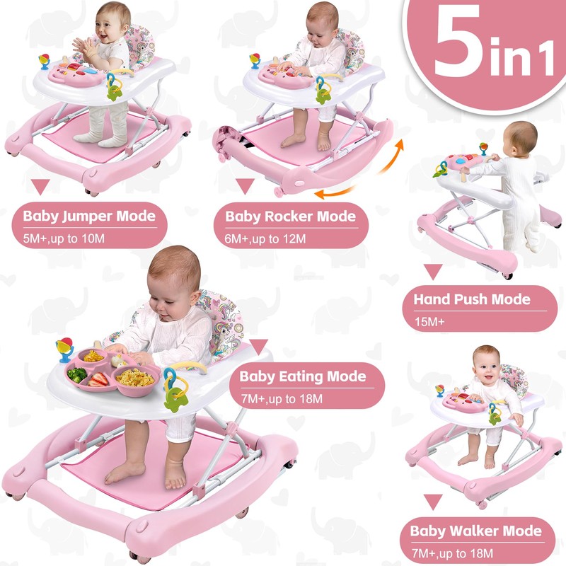 Foldable Baby 5-in-1 Activity Walker - Rocker, Activity Center, Bouncer,