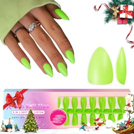 KQueenest Neon Green Gel Nail Tips - 300 Pcs Christmas Press on Nails Short Almond, Pre-applied Tip Primer Acrylic Fake Nails Kit, Vibrant Pre-Colored Gel Tip Nails, False Nails Extensions for Women