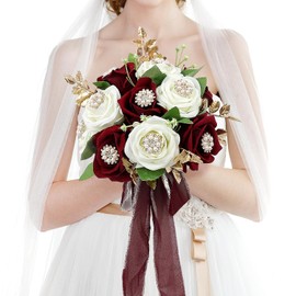 Ramos de Boda para Novia - Ramos Nupciales Artificiales de Lujo Prefabricados Ramos de Flores de Rosas para Bodas Vintage o Decoración de Centros de Mesa - Borgoña y Blanco y Dorado