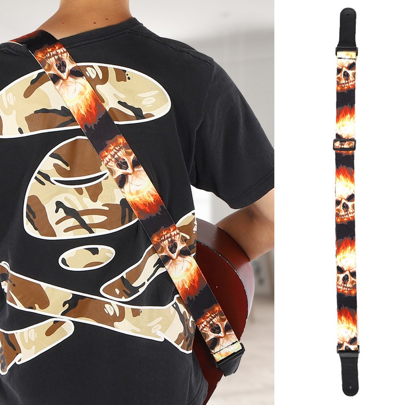 Leather Shoulder Strap Guitar Parts Flame‑Skull‑Pattern Print‑Type Adjustable Length