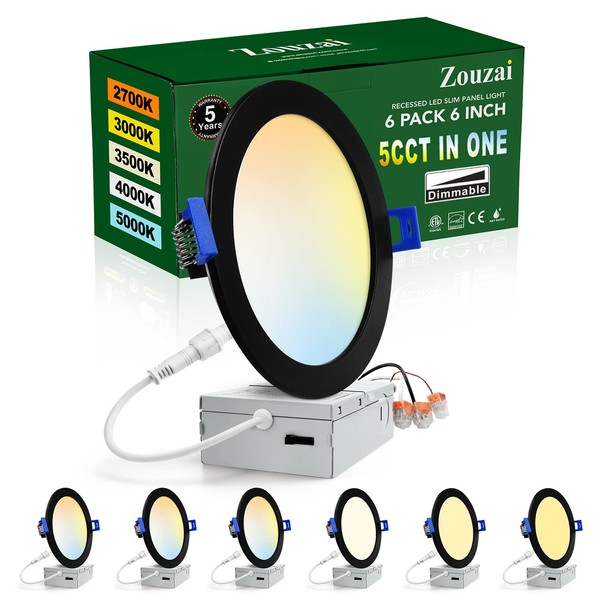 zouzai 6 Pack 6 Inch Black 5CCT Ultra-Thin LED Recessed Ceiling Light with Junction Box 2700K/3000K/3500K/4000K/5000K Selectable, 12W Dimmable, led can Lights ETL and Energy Star Certified