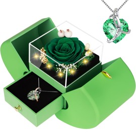 Preserved Real Green Rose with l Love You Necklace Eternal Forever Flowers Rose Birthday Gifts for Women Her Mom Wife Girlfriend Grandma on Valentines Mothers Day Christmas Anniversary Romantic-Green