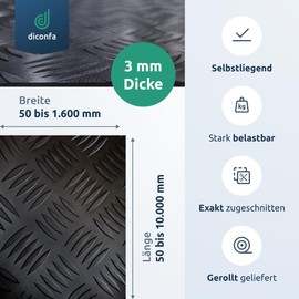 diconfa Rubber Checker Plate Mat 3 mm Width 0.05 m to 1.6 m Length 0.05 m to 10 m Selection 1.3 m (1300 mm, 130 cm) x 0.1 m (100 mm, 10 cm) Robust Non-Slip Mat Hammered Mat Sold by the Metre