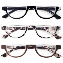 DXYXYO Half Moon Reading Glasses for Women, 3 Pack Small Semi Frame Readers with Spring Hinge Blue Light Blocking, 2.25 Black+leopard+brown
