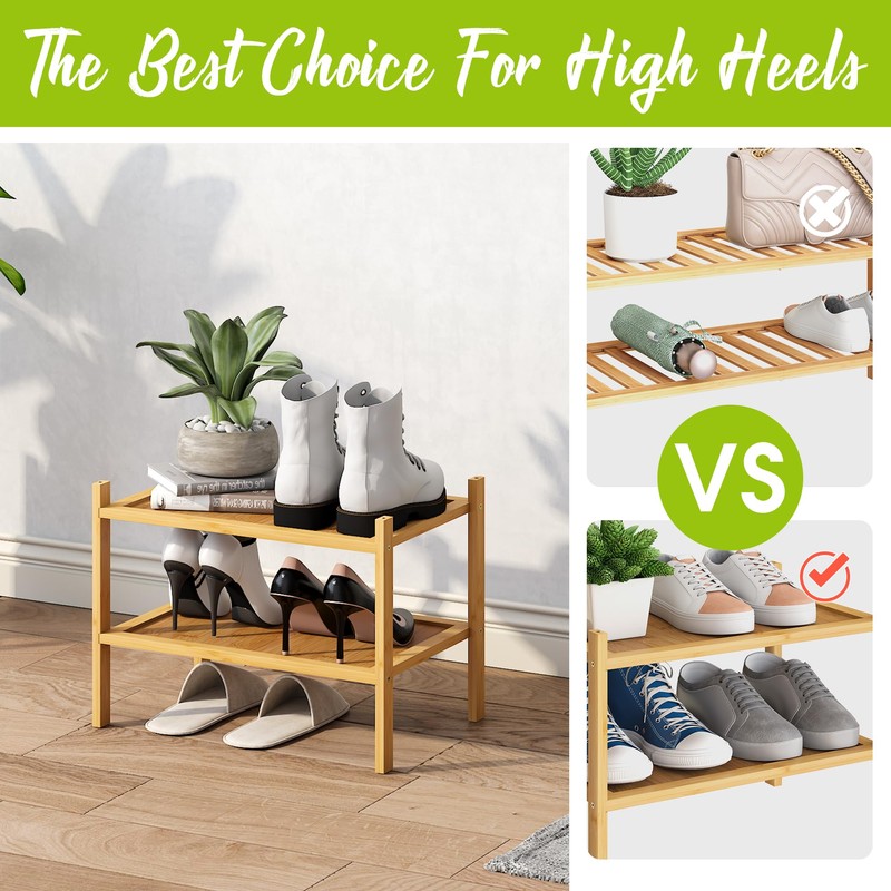 BMOSU 2-Tier Bamboo Small Shoe Rack Premium Stackable Shoe Shelf