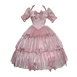 ZZEQYG Womens Lolita Dress for Girl Gothic pink puff sleeve dress with Bow (M, Pink-OP)