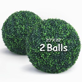 Decwin 20 Inch 2 Packs Artificial Boxwood Balls Topiary Balls, 4 Layers of UV-Resistant Greenery Balls Indoor Outdoor Garden, Backyard, Patio, Front Door – Assembly Required
