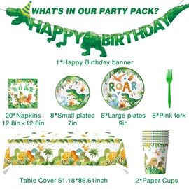 67 Pcs Dinosaur Tableware Set, Dinosaur Party Decorations for Girls Happy Birthday Banner Plates Napkins Cups Tablecloth for Dino Birthday Shower Party Decorations Supplies 10 Guests (10, Green)