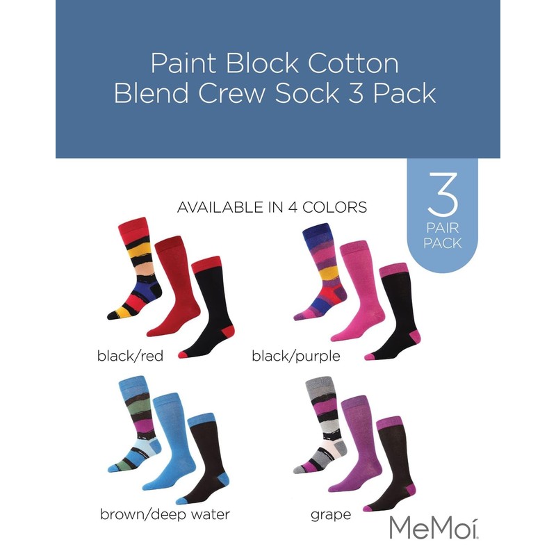MeMoi Paint Block Cotton Blend Crew Sock 3 Pack Black-Red