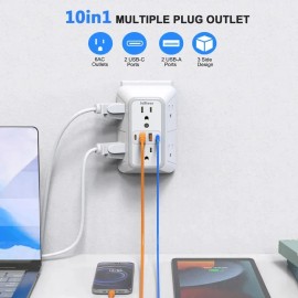 JcBlaon 10 in 1 Wall Outlet Surge Protector with 6 AC Sockets + 4 USB Ports (2 USB-C)