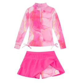 11-12 Years Girls' Swimsuit Long Sleeve Pink Marbled Rashguard Swimwear with Cover Up Skirt 11/12 Bathing Suit Girls Rash Guard with UPF 50+ Sun Protection Swimwear for Pool Surfing Warm Summer Days