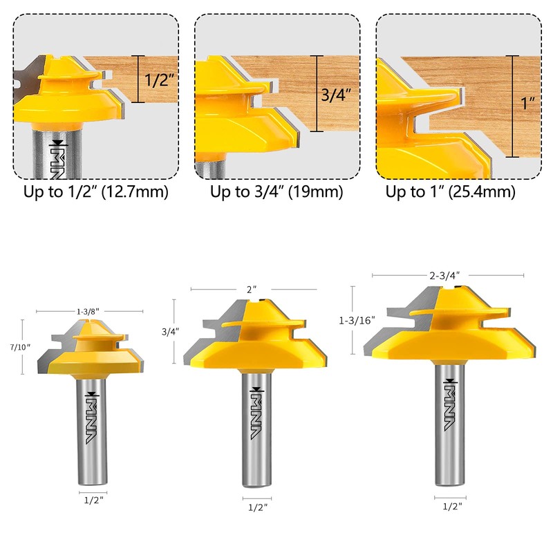MNA 45 Degree Lock Miter Router Bit 3-Piece Set, for