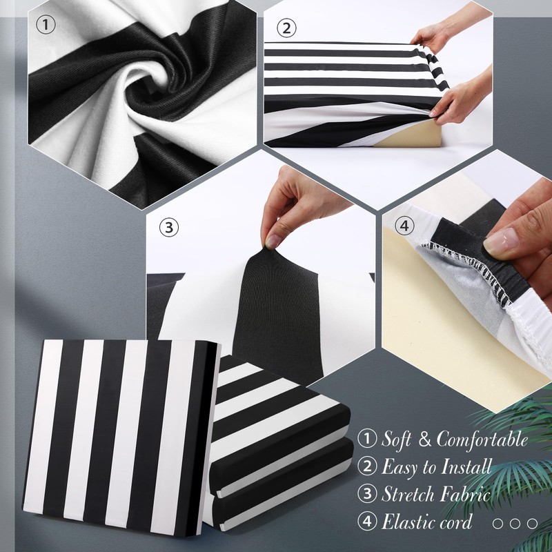 Newwiee 8pcs Patio Stretch Cushion Covers Stripe Outdoor Cushion Covers