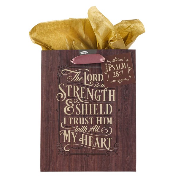 Christian Art Gifts Gift Bag/Tissue Paper Set The Lord Is My Strength Psalm 28:7 Bible Verse, Gold/Wood, Medium