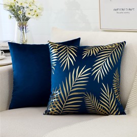 OTOSTAR Gold Leaves Throw Pillow Covers 18 x 18 Inch Set of 4 Gold Foil Stamping Decorative Pillow Covers Soft Velvet Pillow Cases Square Bronzing Cushion Covers for Sofa Bed Home Outdoor Decor (Navy)