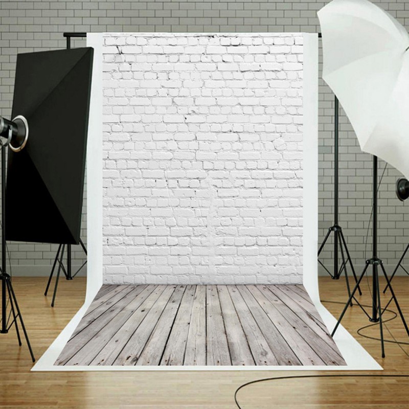 White Brick Wall with Wooden Floor Photography Backdrop Vinyl Photo